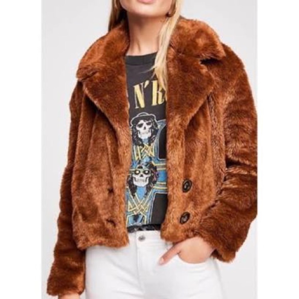 FREE PEOPLE Mena Brown Faux Fur Crop Teddy Button Oversized Coat Large